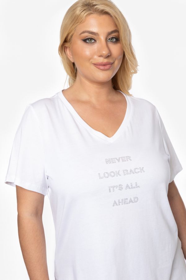 T-shirt με στρας 'Never Look Back' σε λευκό χρώμα