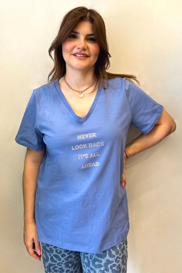 T-shirt με στρας 'Never Look Back' σε μπλε χρώμα