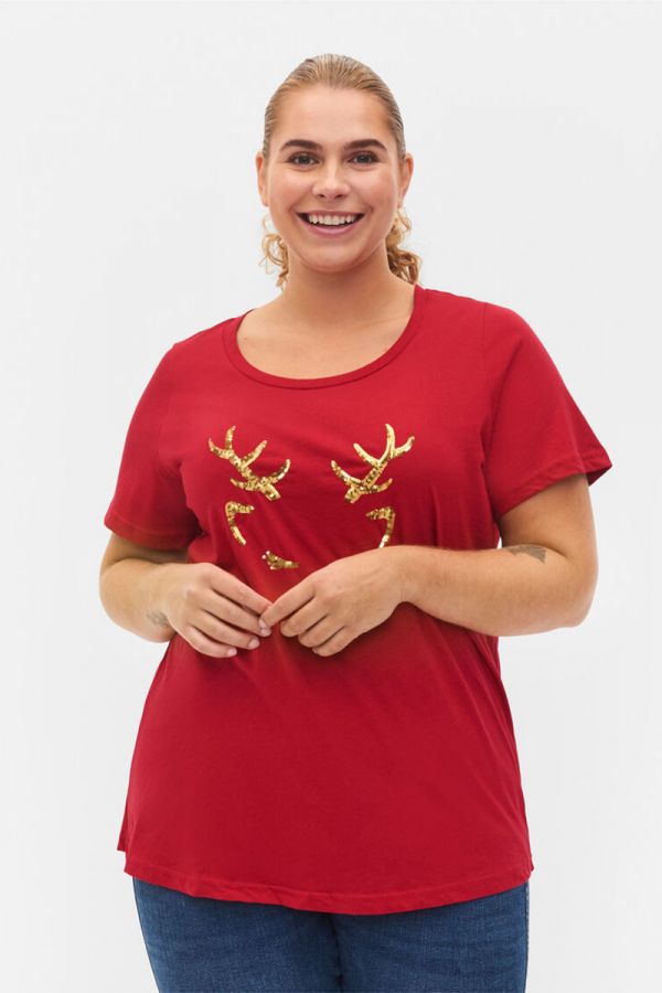 Xmas t-shirt με τύπωμα ελάφι σε κόκκινο χρώμα 1xl 2xl 3xl 4xl 5xl