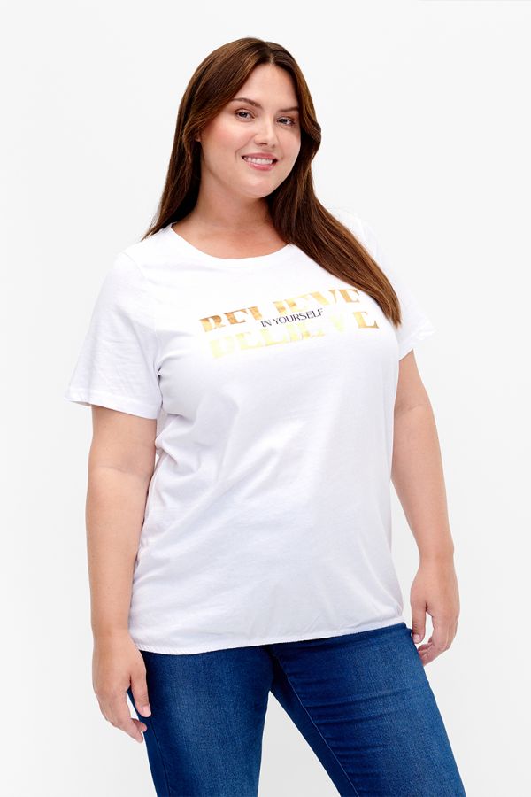 Cotton t-shirt με λάστιχο στο κάτω μέρος σε λευκό χρώμα