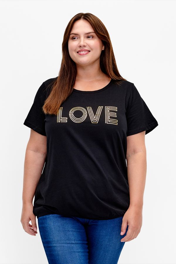 Cotton t-shirt με λάστιχο στο κάτω μέρος σε μαύρο χρώμα