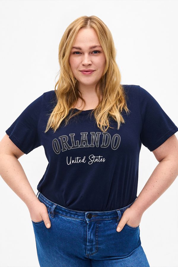 Βαμβακερό t-shirt με τύπωμα 'Orlando" σε μπλε σκούρο χρώμα