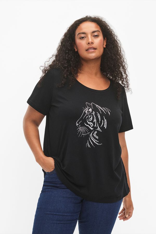 T-shirt με στρας τύπωμα λιοντάρι σε μαύρο χρώμα