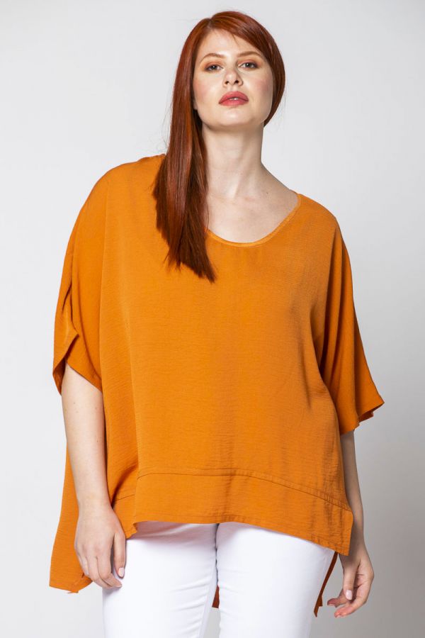 Κοντομάνικη μπλούζα με μύτες και hi-lo τελείωμα σε πορτοκαλί χρώμα 1xl,2xl,3xl,4xl,5xl