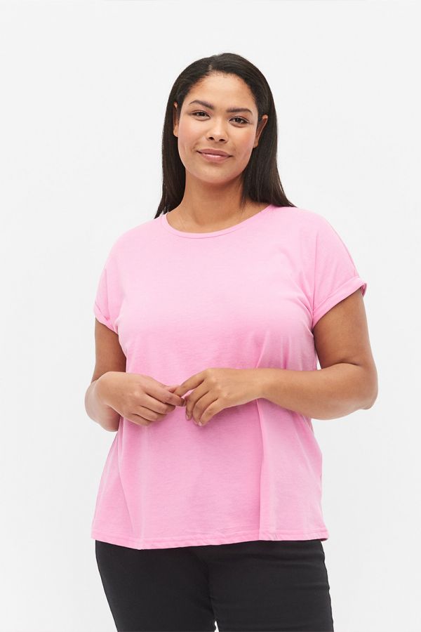 Κοντομάνικη μπλούζα με ρεβέρ στα μανίκια σε ροζ χρώμα 1xl 2xl 3xl 4xl 5xl 