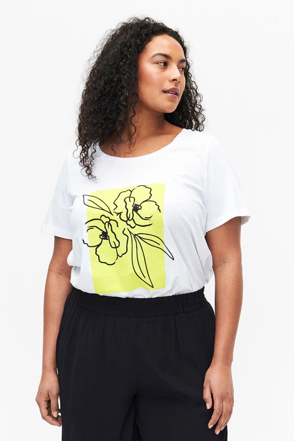 Βαμβακερό t-shirt με τύπωμα λουλούδι σε λευκό/κίτρινο χρώμα