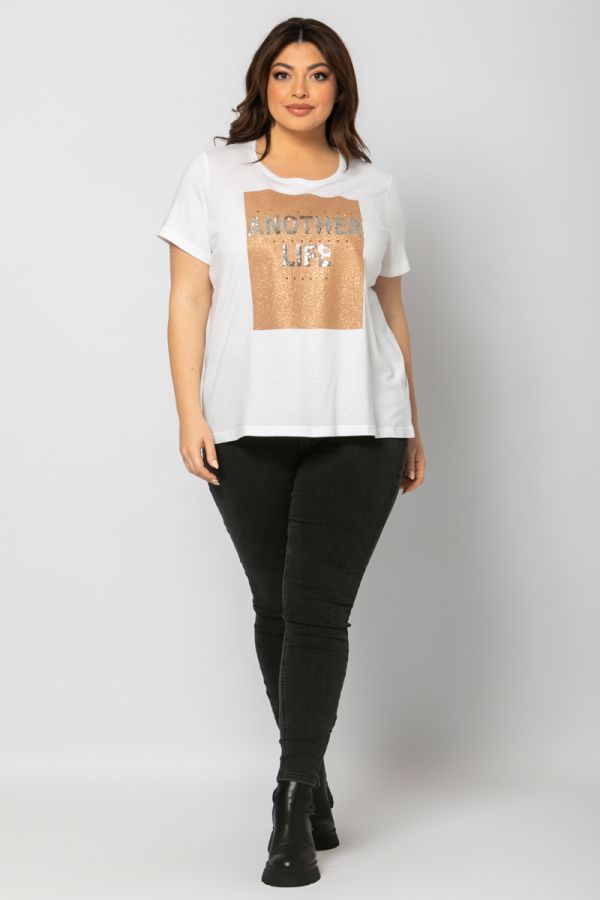 T-shirt με στρας και τύπωμα σε λευκό χρώμα 1xl 2xl 3xl 4xl 5xl 