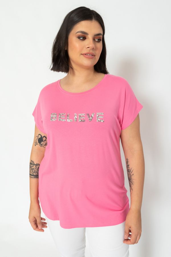 T-shirt με κέντημα "Believe" σε ροζ χρώμα