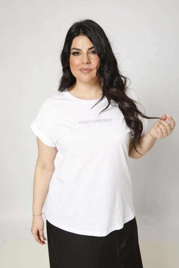 T-shirt με στρας τύπωμα 'independent' σε λευκό χρώμα