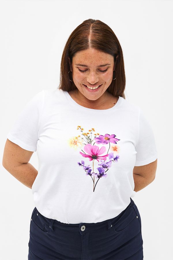 Βαμβακερό t-shirt με τύπωμα λουλούδια σε λευκό χρώμα