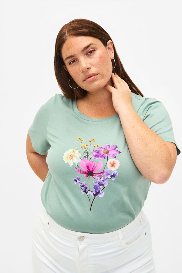 Βαμβακερό t-shirt με τύπωμα λουλούδια στο χρώμα της μέντας