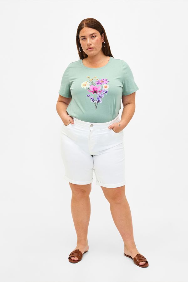 Βαμβακερό t-shirt με τύπωμα λουλούδια στο χρώμα της μέντας