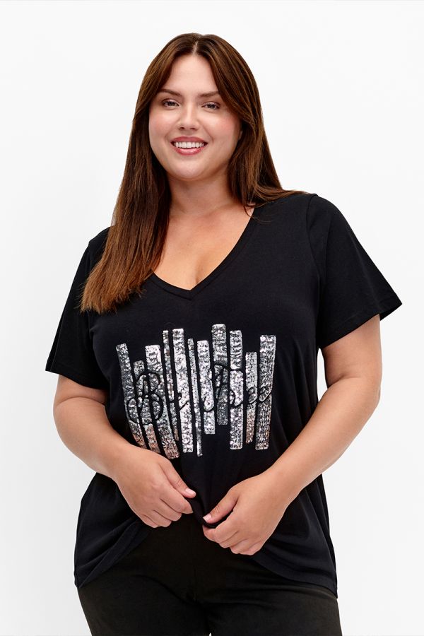 T-shirt με τύπωμα από παγιέτα σε μαύρο/ασημί χρώμα