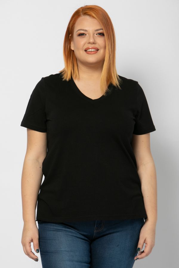 Κοντομάνικο t-shirt με V λαιμόκοψη σε μαύρο χρώμα 1xl 2xl 3xl 4xl 5xl 