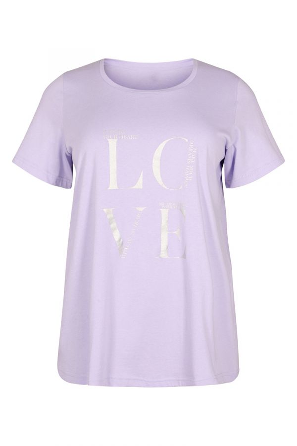 Κοντομάνικη μπλούζα με ασημί τύπωμα 'love' σε λιλά χρώμα 1xl 2xl 3xl 4xl 5xl 