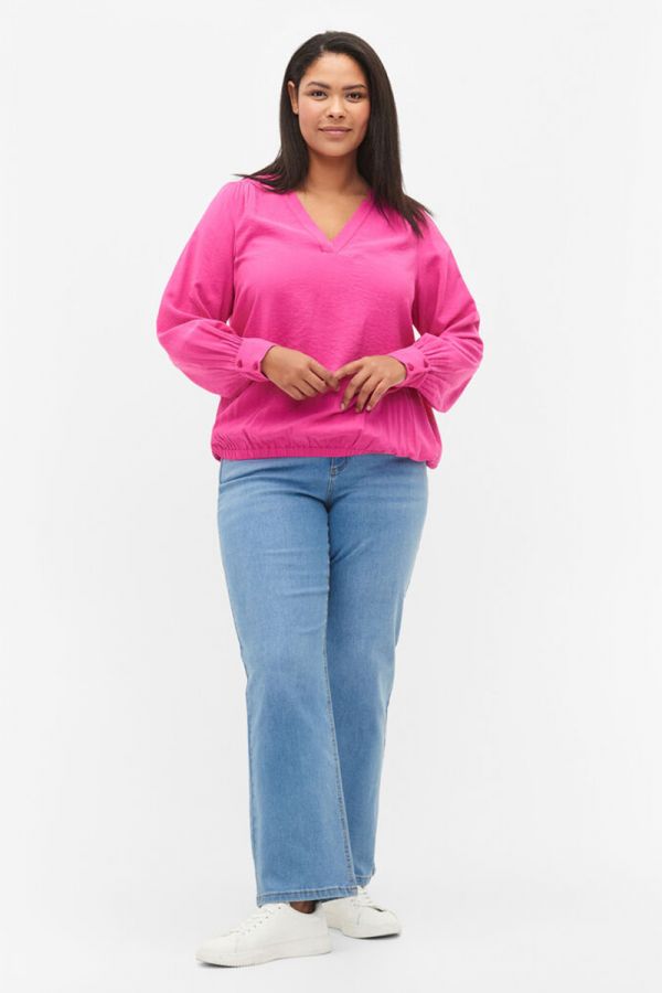 Μπλούζα με V λαιμόκοψη και πιέτες σε ροζ χρώμα 1xl 2xl 3xl 4xl 5xl 