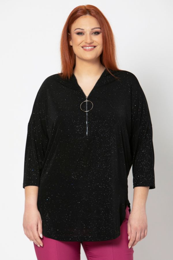 Μπλούζα με glitter και φερμουάρ σε μαύρο χρώμα