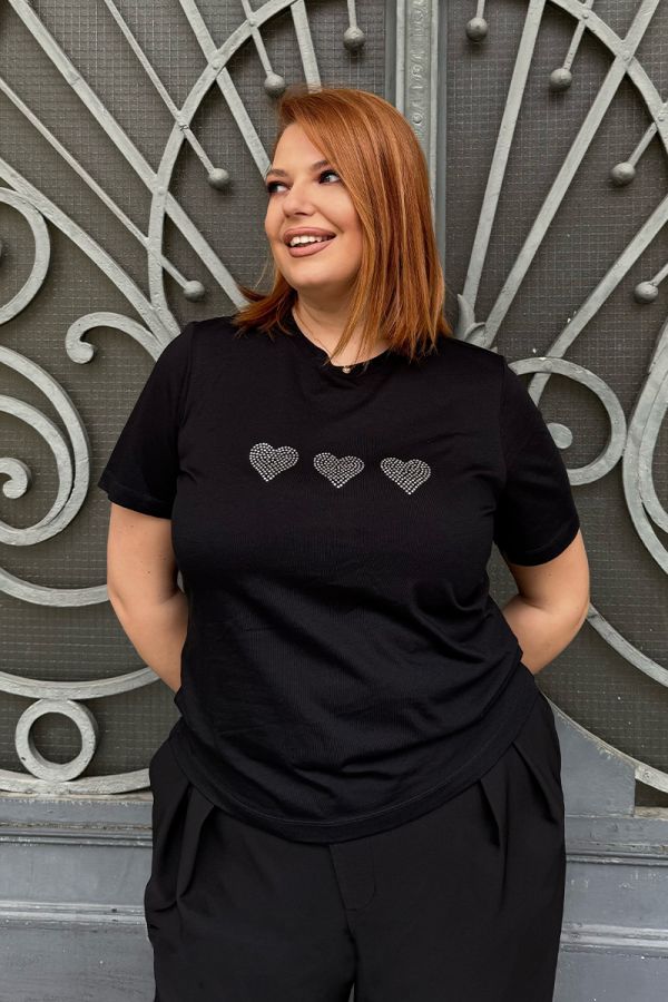 T-shirt με στρας καρδιές σε μαύρο χρώμα