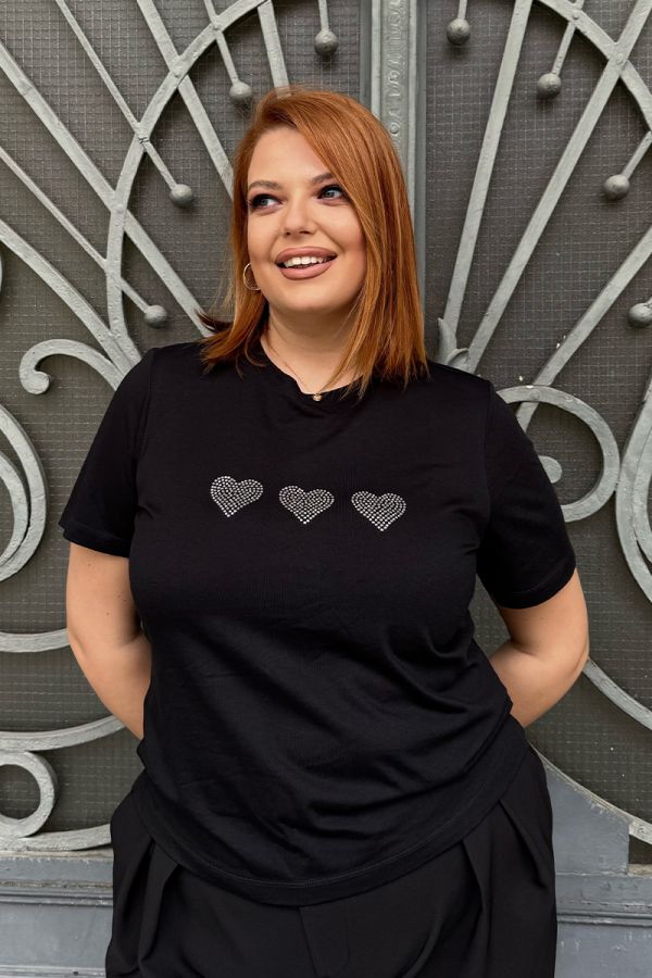 T-shirt με στρας καρδιές σε μαύρο χρώμα