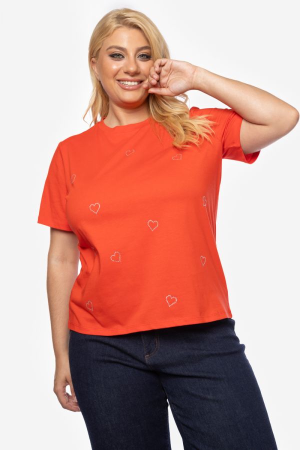 T-shirt με καρδιές σε πορτοκαλί χρώμα