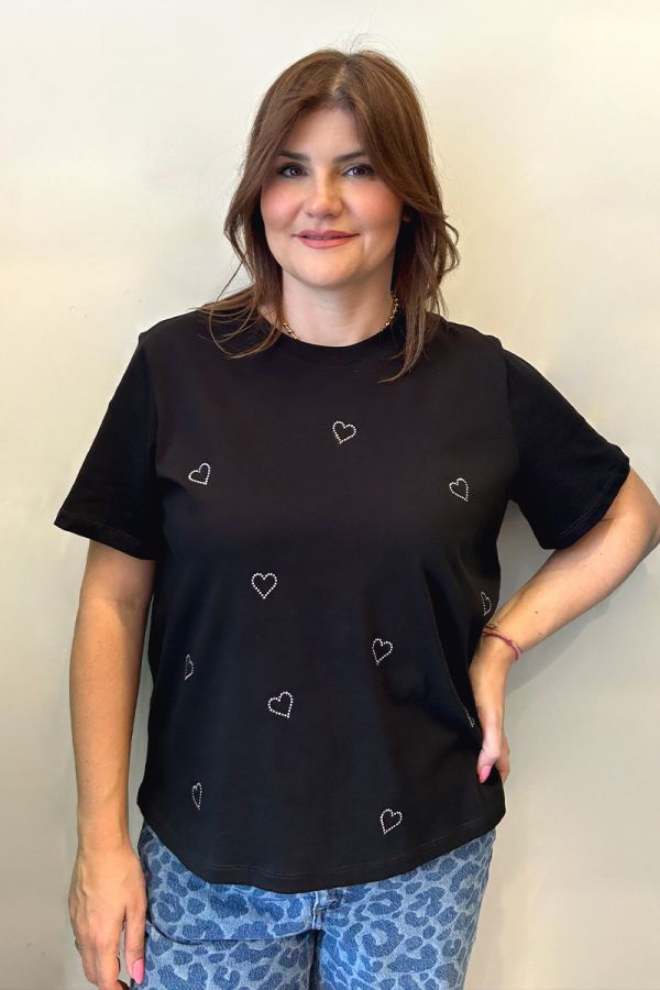 T-shirt με στρας καρδιές σε μαύρο χρώμα
