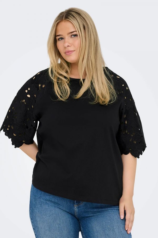 Μπλούζα με μανίκια broderie anglaise σε μαύρο χρώμα 
