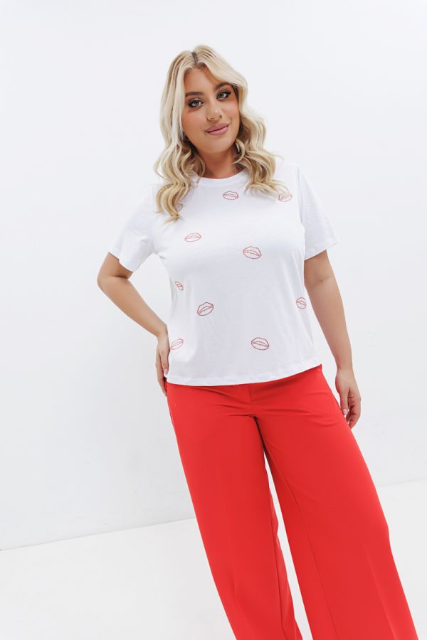 T-shirt με τύπωμα στρας χείλη σε λευκό χρώμα