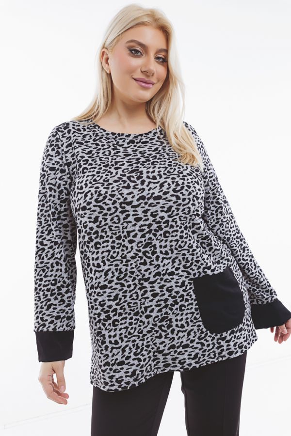 Leopard μπλούζα με τσέπη σε γκρι χρώμα