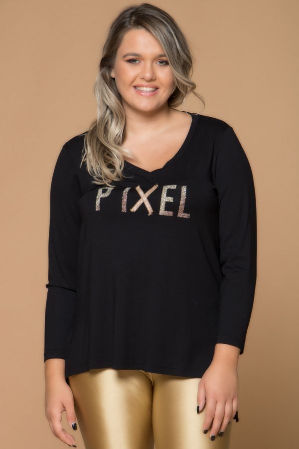 Ασύμμετρη μαύρη μπλούζα με σχέδιο "Pixel" 