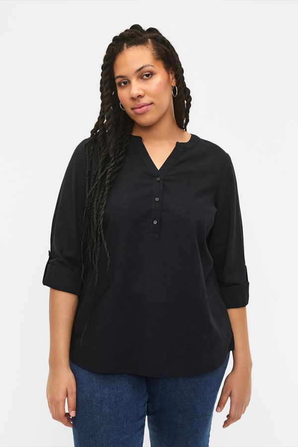 Μπλούζα με V λαιμόκοψη και κουμπιά σε μαύρο χρώμα