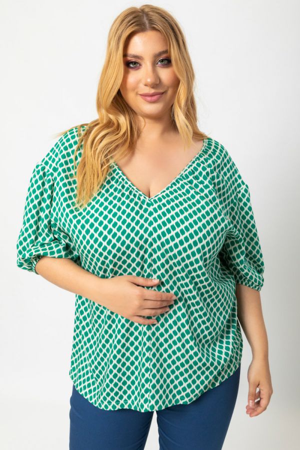 Εμπριμέ μπλούζα με ballon μανίκι σε πράσινο χρώμα 1xl 2xl 3xl 4xl 5xl 