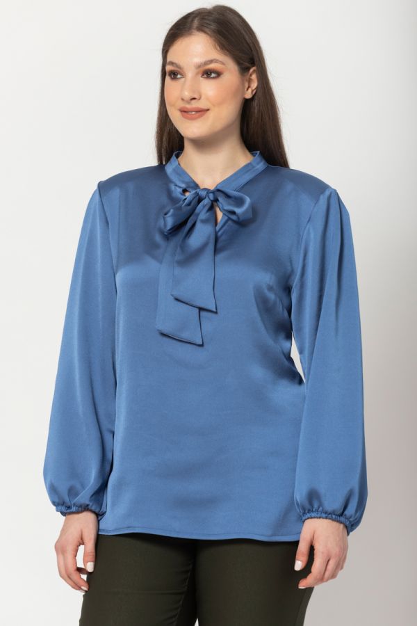 Μπλούζα με βάτες και δέσιμο σε γαλάζιο χρώμα