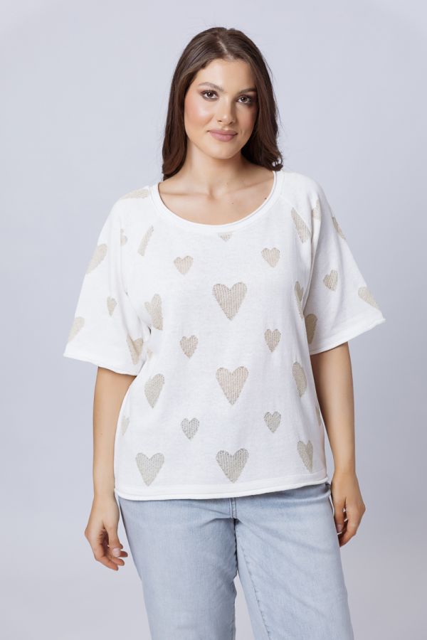 Πλεκτή μπλούζα με lurex καρδιές σε εκρού χρώμα