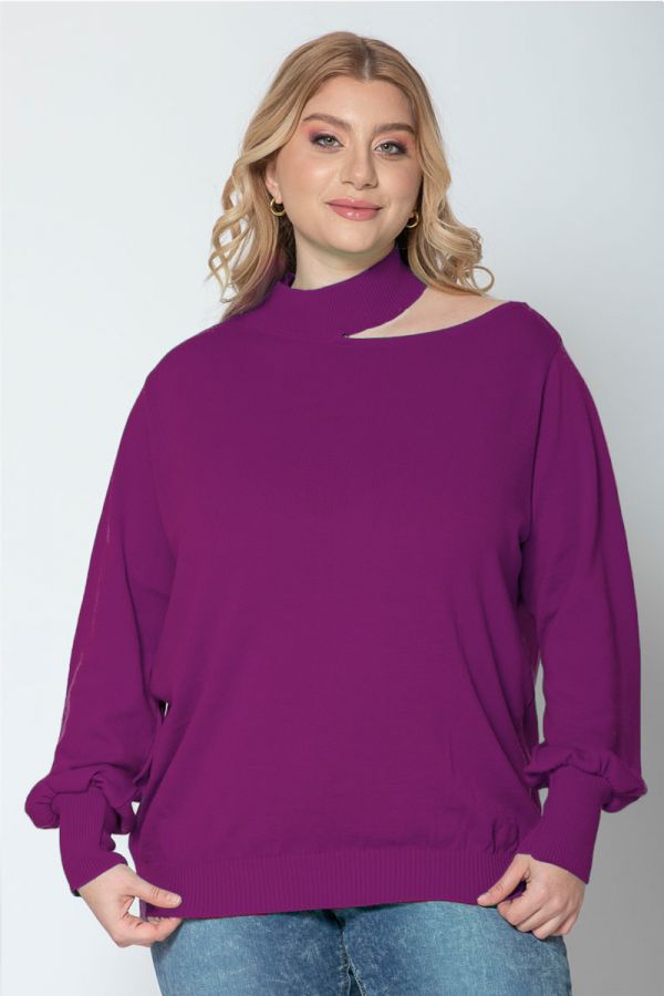 Πλεκτή μπλούζα με άνοιγμα στον ώμο σε μωβ χρώμα 