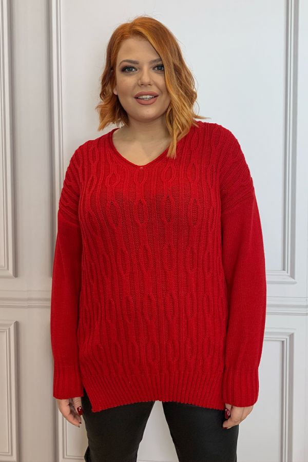 Πλεκτή μπλούζα με πλέξη αλυσίδα σε κόκκινο χρώμα 1xl 2xl 3xl 4xl 5xl