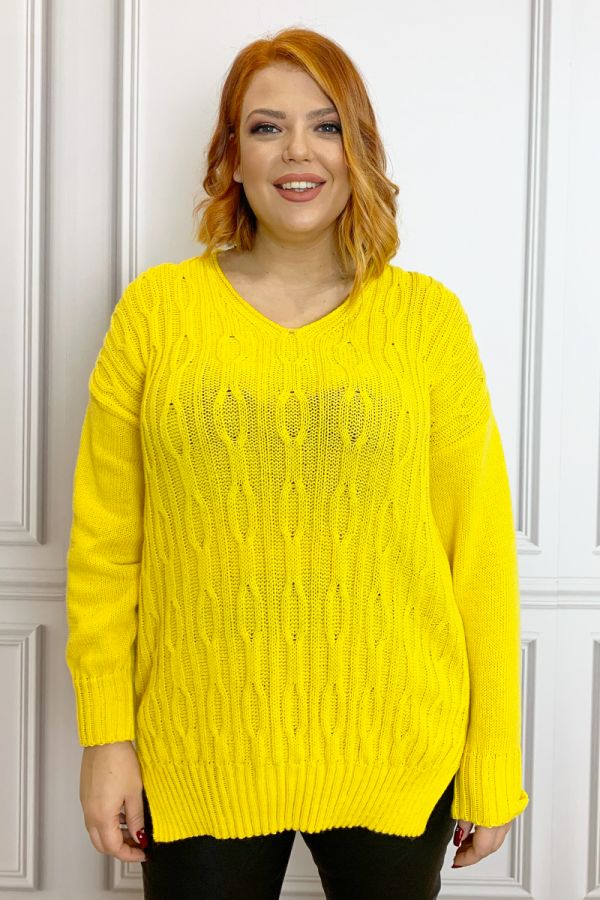 Πλεκτή μπλούζα με πλέξη αλυσίδα σε κίτρινο χρώμα 1xl 2xl 3xl 4xl 5xl