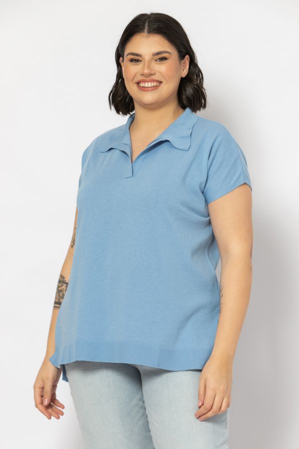 Βαμβακερή μπλούζα με polo γιακά σε γαλάζιο χρώμα 1xl 2xl 3xl 4xl 5xl 