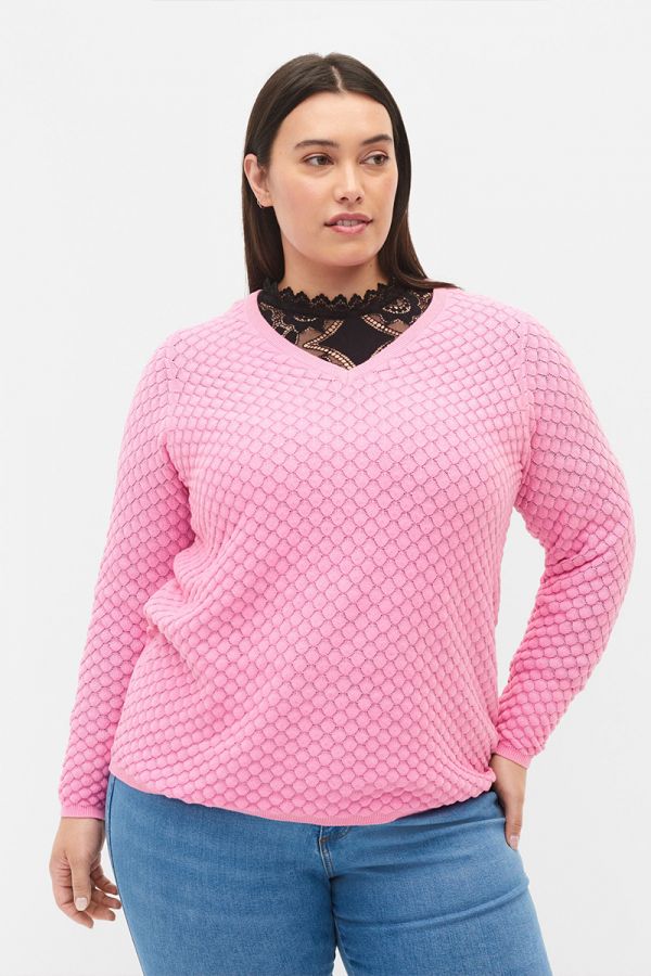 Πλεκτή μπλούζα με  V λαιμόκοψη σε ροζ χρώμα 1xl 2xl 3xl 4xl 5xl 