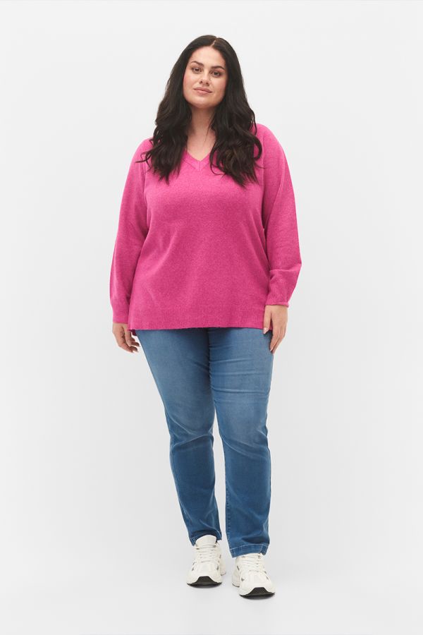 Πλεκτή μπλούζα με V λαιμόκοψη σε ροζ χρώμα