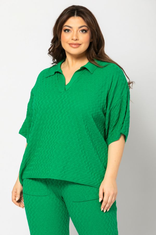 Πλεκτή μπλούζα ζακάρ με γιακά σε πράσινο χρώμα 1xl 2xl 3xl 4xl 5xl 