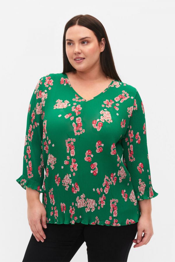 Floral πλισέ μπλούζα με 7/8 μανίκι σε πράσινο χρώμα 1xl 2xl 3xl 4xl 5xl 