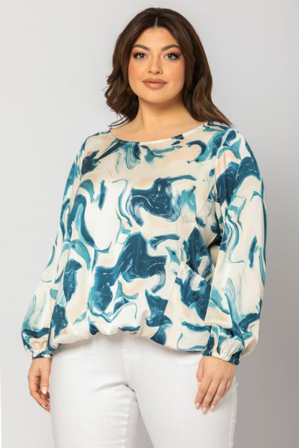 Σατέν μπλούζα εμπριμέ με τσέπες σε γαλάζιο χρώμα 1xl 2xl 3xl 4xl 5xl 