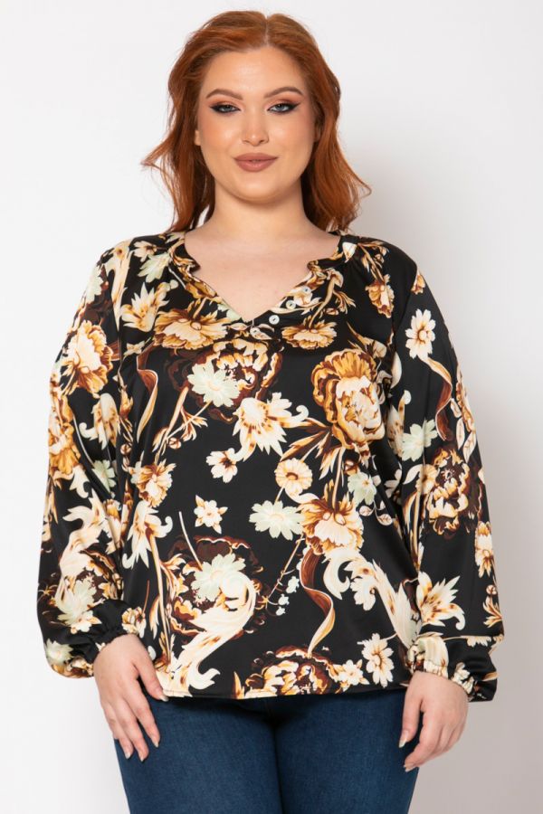 Floral σατέν μπλούζα με V λαιμόκοψη σε μαύρο/μπεζ χρώμα 1xl 2xl 3xl 4xl 5xl 