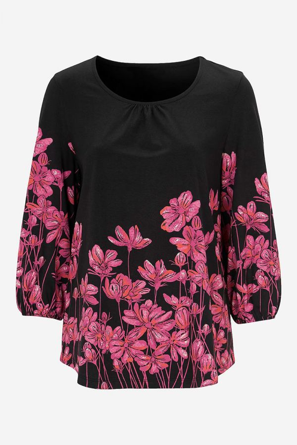 Βαμβακερή floral μπλούζα σε μαύρο/ροζ χρώμα 