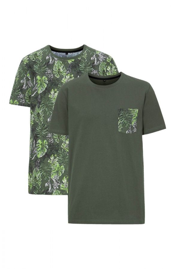 T-shirt set (1 με print + 1 μονόχρωμο) σε χακί χρώμα