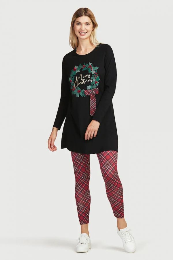 Νυχτικό μπλουζοφόρεμα με φιόγκο και γιορτινό τύπωμα σε μαύρο χρώμα