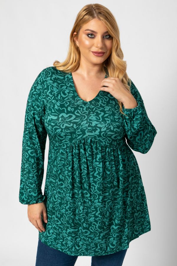Μπλουζοφόρεμα με V λαιμόκοψη και print σε πράσινο χρώμα