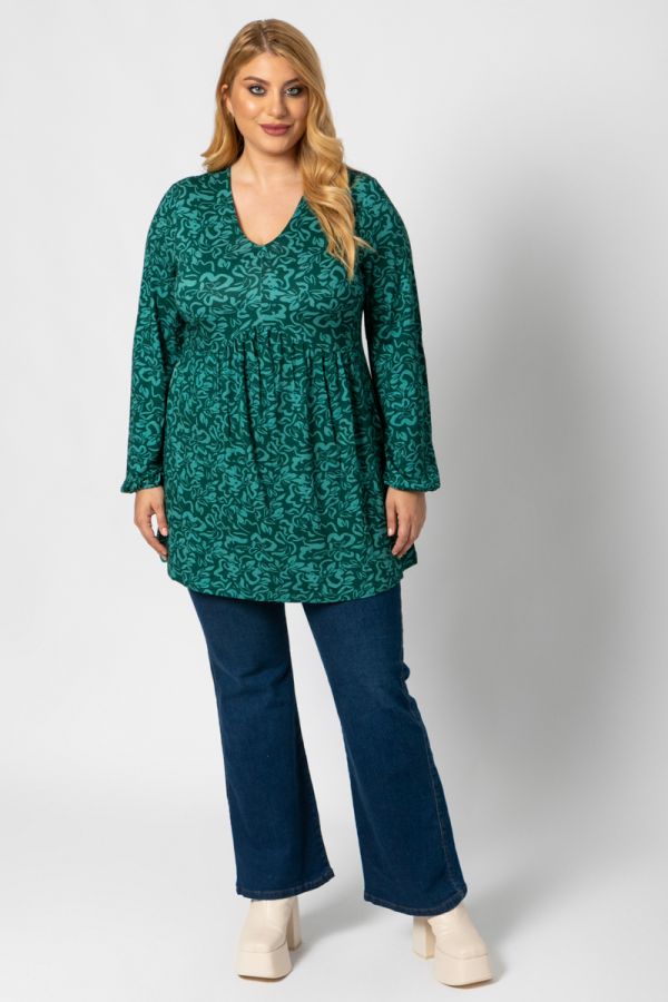Μπλουζοφόρεμα με V λαιμόκοψη και print σε πράσινο χρώμα