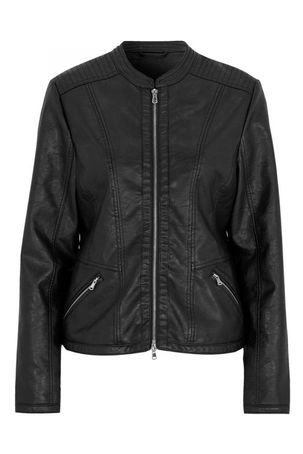 Leather-like jacket με γιακά μάο σε μαύρο χρώμα