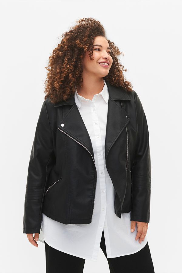 Leather-like μπουφάν με πλαϊνό φερμουάρ σε μαύρο χρώμα